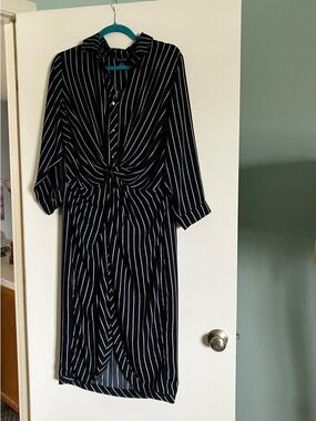City Chic Navy and White Striped Long Sleeve Twist Shirt Dress